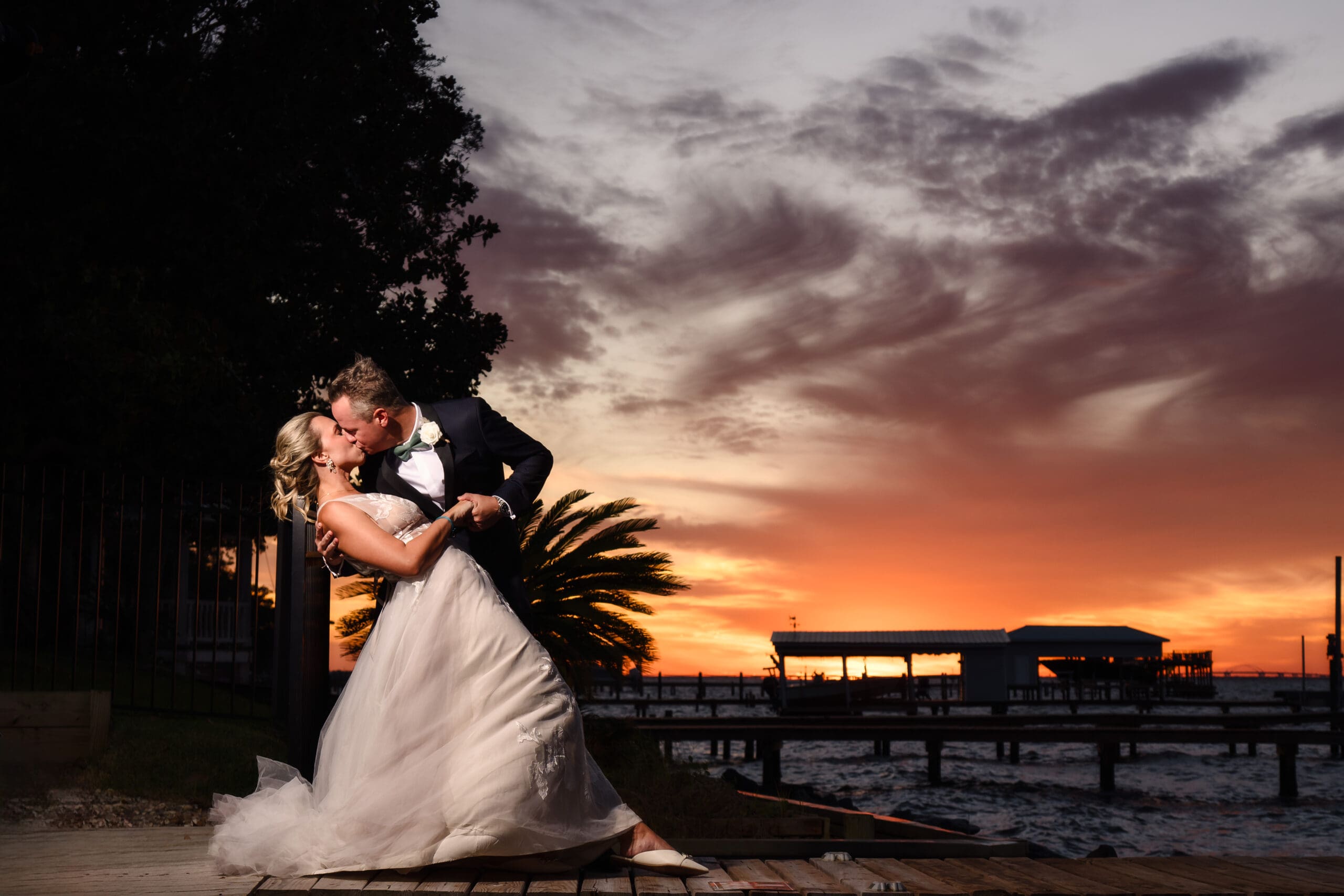 Bride in wedding gown at Pensacola waterfront wedding