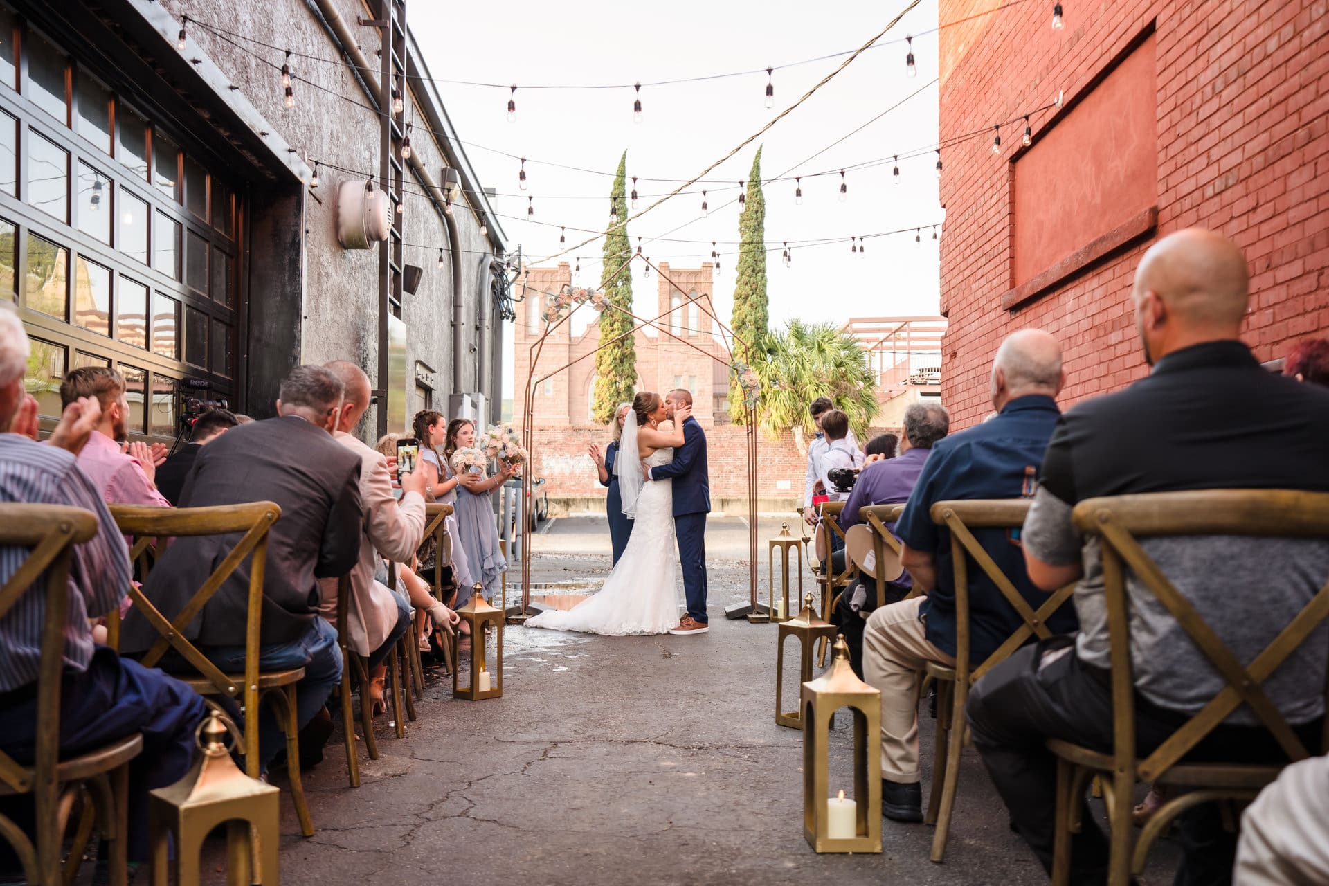 Adam and Laura first dance at Odd Colony Brewing wedding reception in Mobile, Alabama