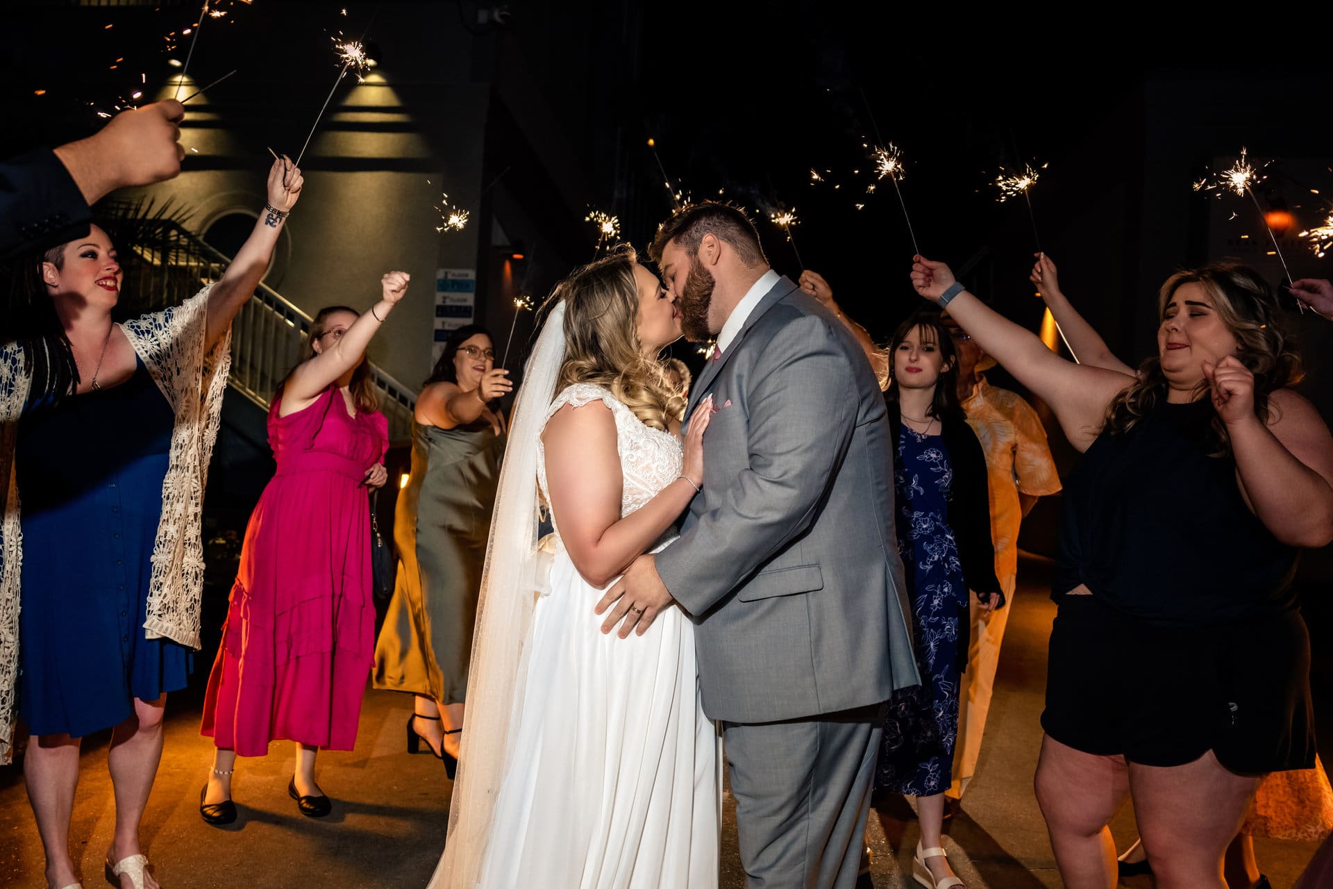 Becky and Steven sparkler exit at the end of their Star Wars wedding at Pier Suites Pensacola Beach