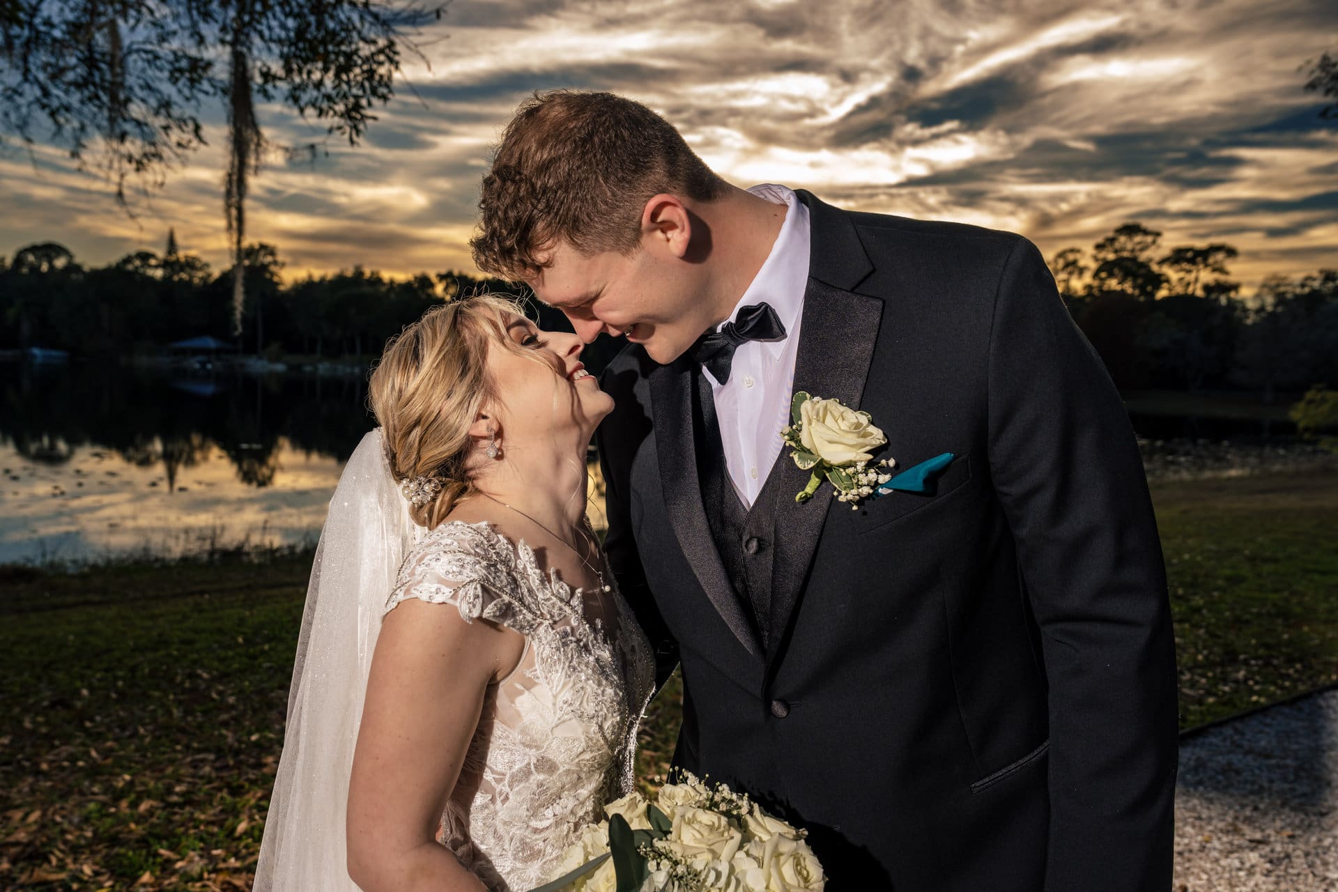 Evan and Julia couple portrait at The Barn at Crescent Lakes Tampa Florida wedding